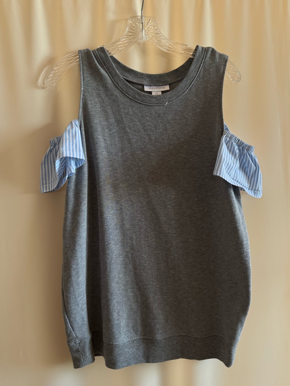 Motherhood Maternity Gray Cold-Shoulder Tunic with Blue Stripe Ruffle Sleeves